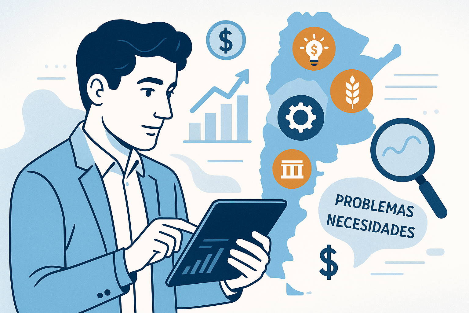 Emprendedor argentino analizando oportunidades de negocio. Estilo ilustración moderna profesional. Muestra a una persona analizando datos en una tablet mientras observa el mapa de Argentina con diferentes símbolos que representan sectores económicos (tecnología, agroindustria, servicios, manufacturas). Incluye elementos como lupa sobre problemas y necesidades, y signos de pesos argentinos. Paleta de colores celeste y blanco (colores argentinos) con acentos en naranja. Para visualizar el proceso de identificación de oportunidades en el contexto económico argentino.