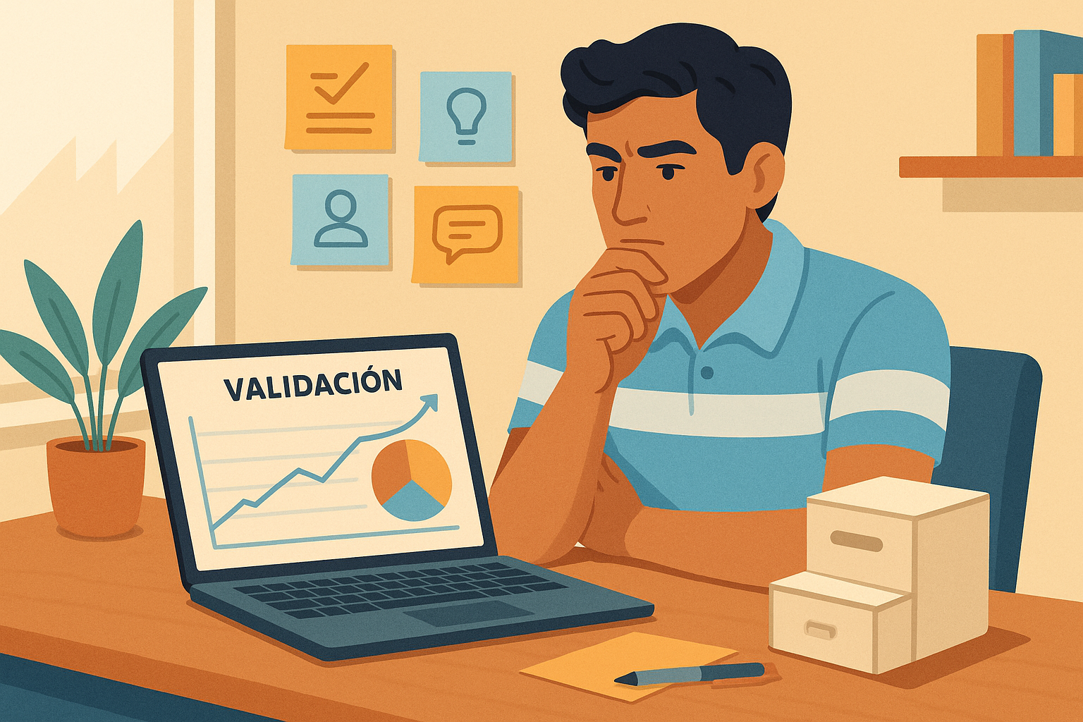 Emprendedor argentino reflexivo analizando datos de validación de su idea de negocio. Estilo ilustrativo profesional con elementos de oficina moderna minimalista. Muestra una persona joven frente a una laptop con gráficos, notas adhesivas con insights de clientes en la pared, y un prototipo simple sobre el escritorio. Utiliza colores cálidos con acentos de celeste y blanco (colores argentinos). Para ilustrar el concepto de validación temprana de ideas en el contexto emprendedor argentino.