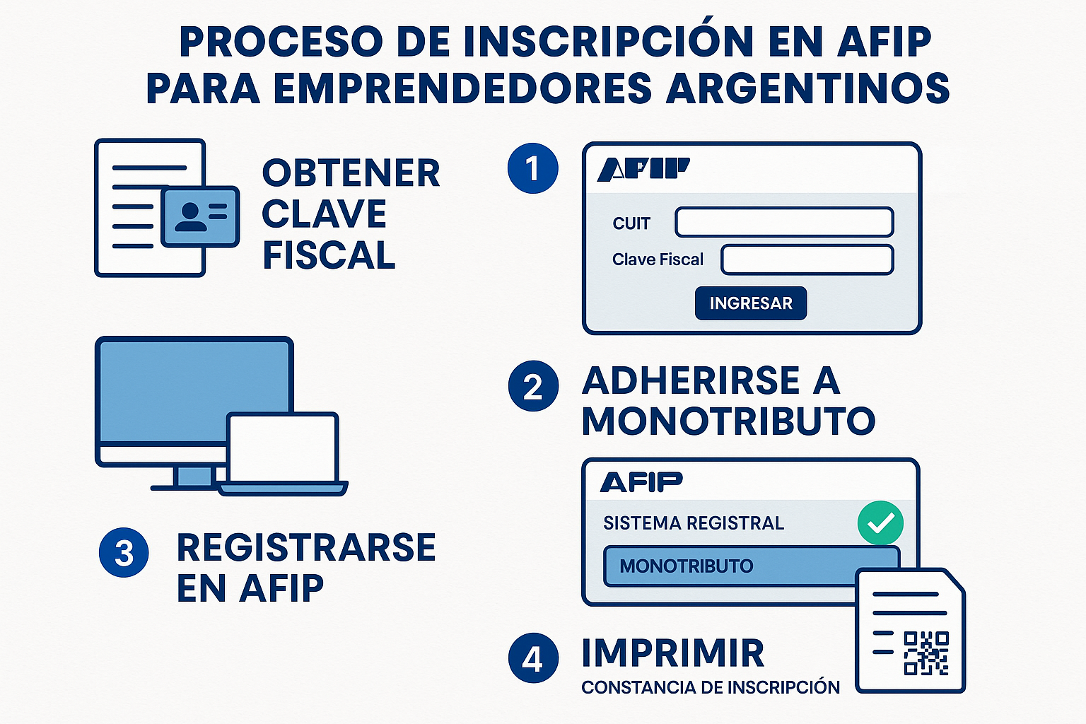 Proceso de inscripción en AFIP para emprendedores argentinos. Estilo infográfico secuencial con pasos numerados. Muestra la secuencia desde obtener clave fiscal hasta imprimir constancia de inscripción, con screenshots simplificados de formularios AFIP, iconos representativos (documento, computadora, código QR). Utiliza los colores oficiales de AFIP (azul y blanco) complementados con verde para acciones completadas. Para ilustrar visualmente el proceso burocrático de registro fiscal para nuevos emprendedores.