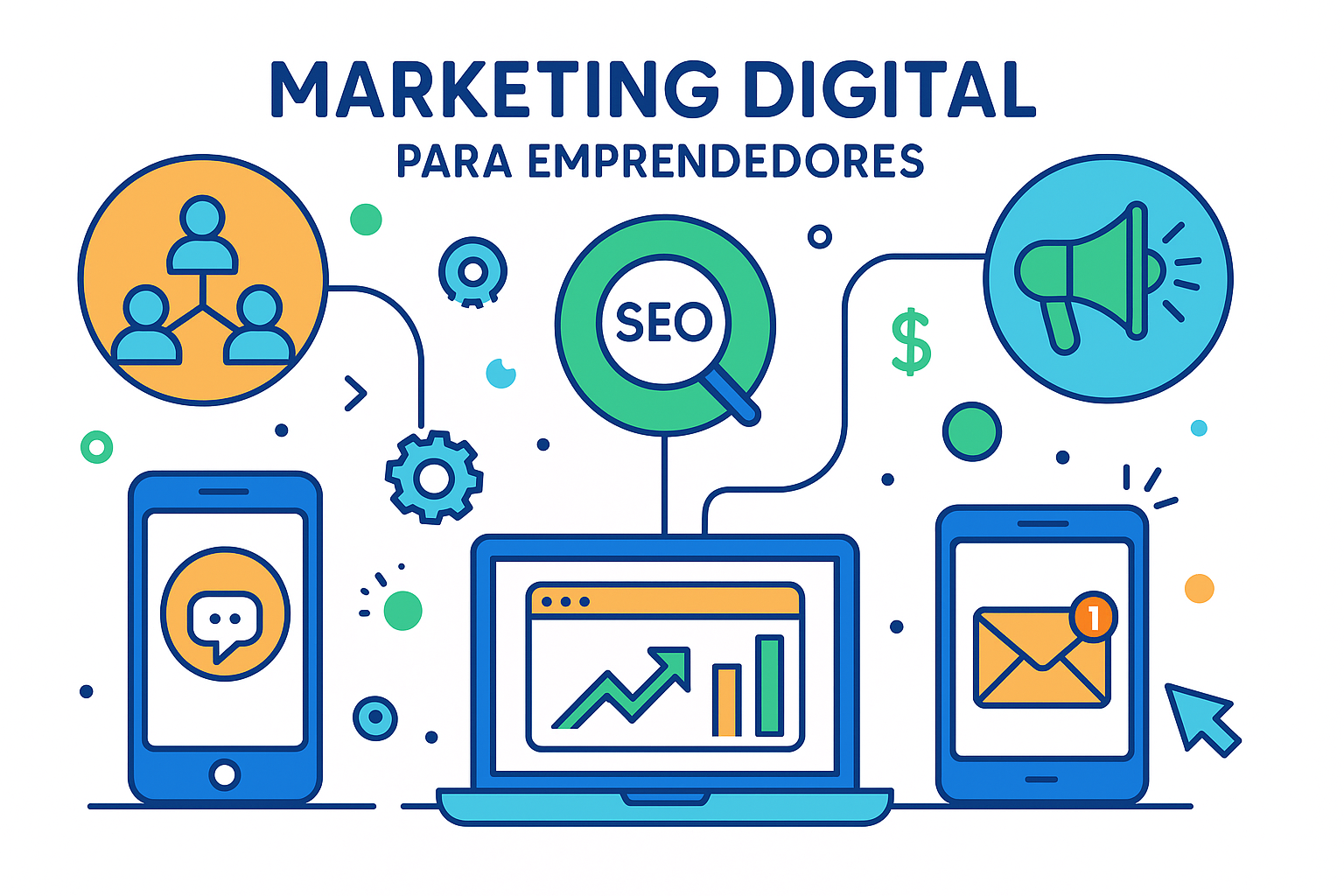 Concepto de marketing digital para emprendedores. Estilo infográfico moderno con iconos planos. Muestra dispositivos (smartphone, tablet, laptop) conectados con elementos de marketing digital (SEO, redes sociales, email, publicidad). Usa colores vibrantes azul, verde y naranja sobre fondo blanco. Para ilustrar los múltiples canales del marketing digital actual.