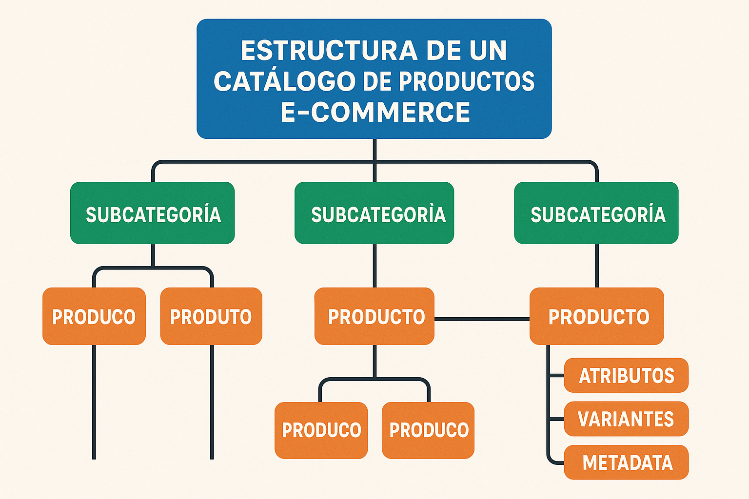 Estructura de un catálogo de productos e-commerce. Estilo infográfico jerárquico con niveles claramente diferenciados. Muestra la relación entre categorías principales, subcategorías y productos individuales. Incluye etiquetas para atributos, variantes, y metadata. Utiliza colores contrastantes para diferenciar niveles jerárquicos con azul para categorías principales, verde para subcategorías y naranja para productos. Para ilustrar la organización lógica de un catálogo online.