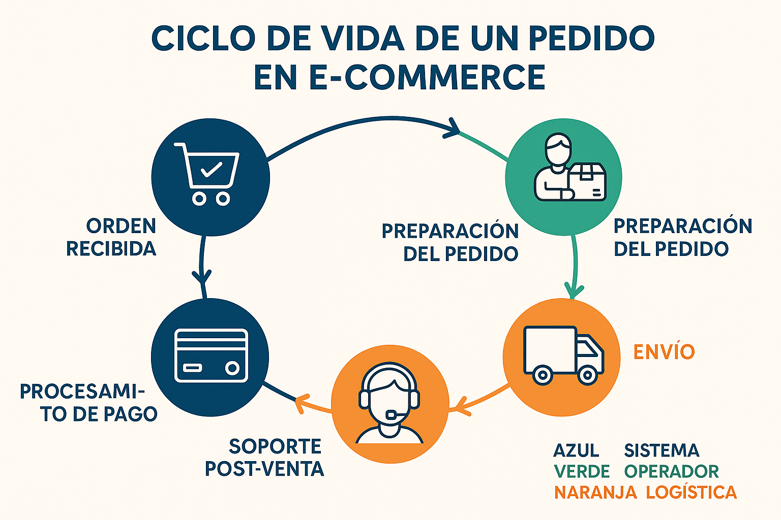 Ciclo de vida de un pedido en e-commerce. Estilo infográfico circular con conexiones entre etapas. Muestra el flujo desde la compra hasta el servicio post-venta: orden recibida, procesamiento de pago, preparación del pedido, envío, entrega, y soporte post-venta. Incluye iconos representativos para cada etapa y códigos de color para distinguir responsabilidades (azul para sistema, verde para operador, naranja para logística). Para visualizar el proceso completo de gestión de pedidos en una tienda online.
