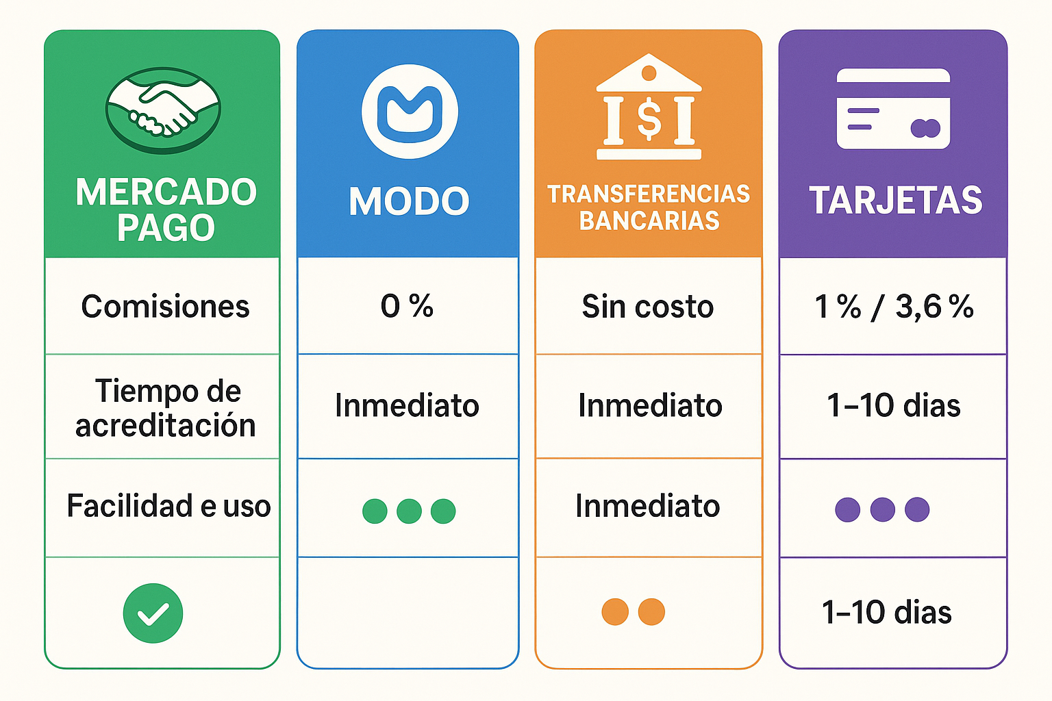 Diagrama comparativo de los principales medios de pago digitales en Argentina: Mercado Pago, MODO, Transferencias Bancarias y Tarjetas. Estilo infográfico con iconos representativos para cada método. Muestra en columnas paralelas las características clave (comisiones, tiempo de acreditación, facilidad de uso) con valores concretos. Utiliza colores distintivos para cada medio (verde para Mercado Pago, azul para MODO, naranja para transferencias, morado para tarjetas). Para ayudar a emprendedores argentinos a comparar visualmente las opciones de pago disponibles.