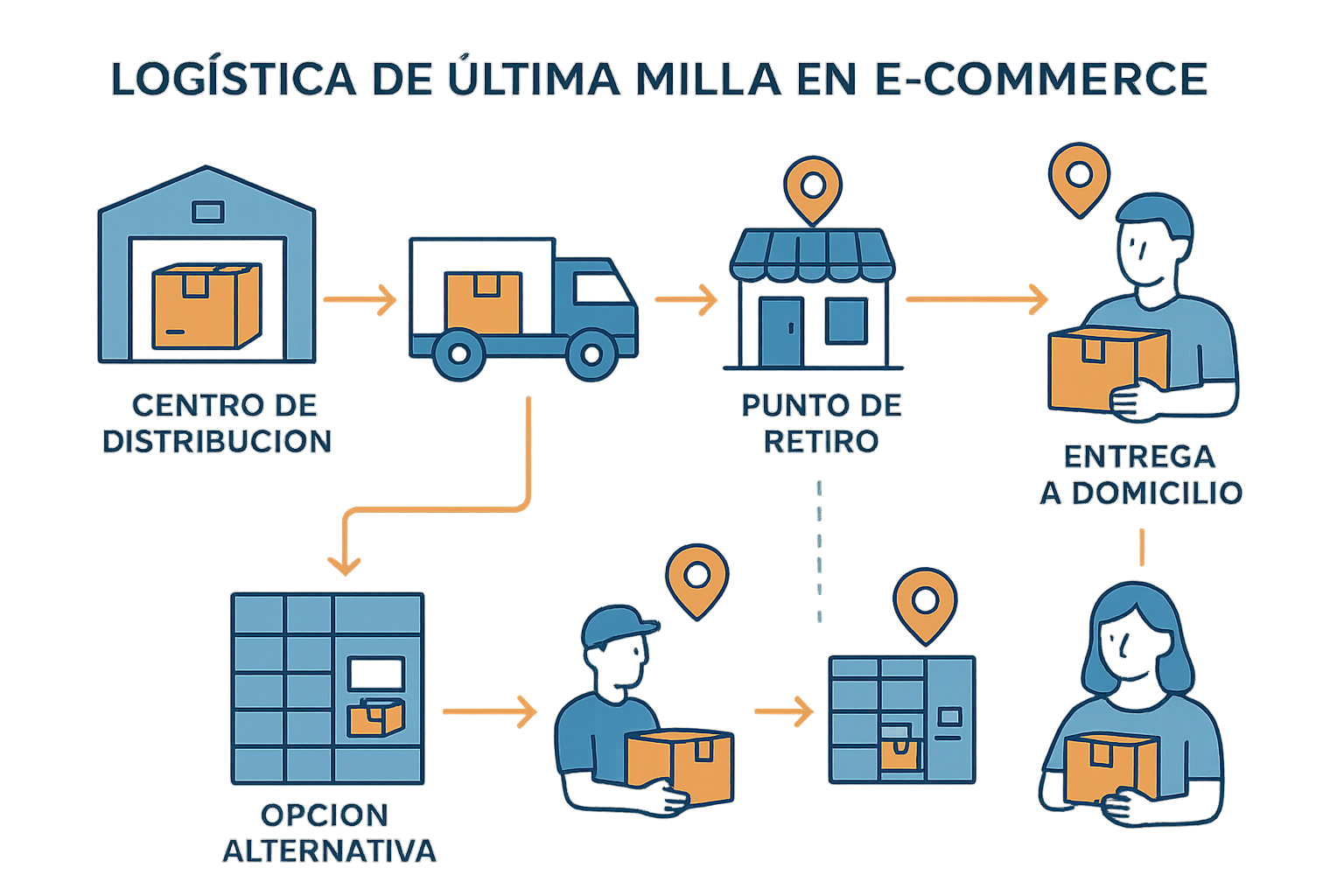 Diagrama de logística de última milla en e-commerce. Estilo infográfico profesional con líneas claras. Muestra el recorrido desde el centro de distribución hasta el cliente final, incluyendo puntos de retiro, entrega a domicilio y opciones alternativas. Utiliza íconos de camiones, cajas y personas. Paleta de colores azul y naranja. Para explicar visualmente el concepto logístico fundamental en comercio electrónico.