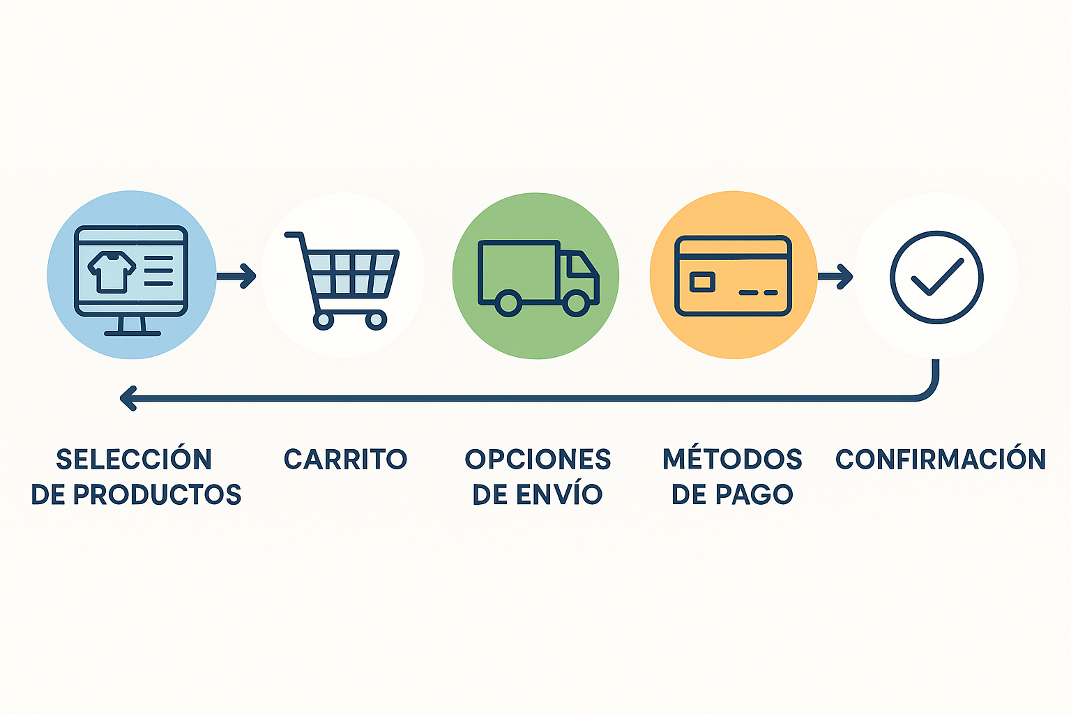 Proceso de checkout en e-commerce. Estilo infográfico con diseño limpio y moderno. Muestra los pasos: selección de productos, carrito, opciones de envío, métodos de pago y confirmación. Incluye iconos minimalistas para representar cada paso. Usa colores azul, verde y naranja para diferenciar las etapas. Para ilustrar de manera simple el recorrido del cliente en la finalización de una compra online para emprendedores sin conocimientos técnicos.