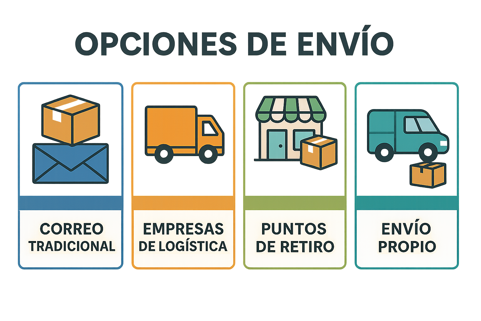 Opciones de envío para e-commerce argentino. Estilo infográfico comparativo con íconos simples. Muestra diferentes opciones: correo tradicional, empresas de logística, puntos de retiro y envío propio. Incluye elementos visuales como paquetes, locales y vehículos de reparto. Usa colores distintivos para cada categoría: azul para correo, naranja para empresas privadas, verde para puntos de retiro. Para ilustrar las alternativas de envío disponibles para emprendedores sin conocimientos técnicos.