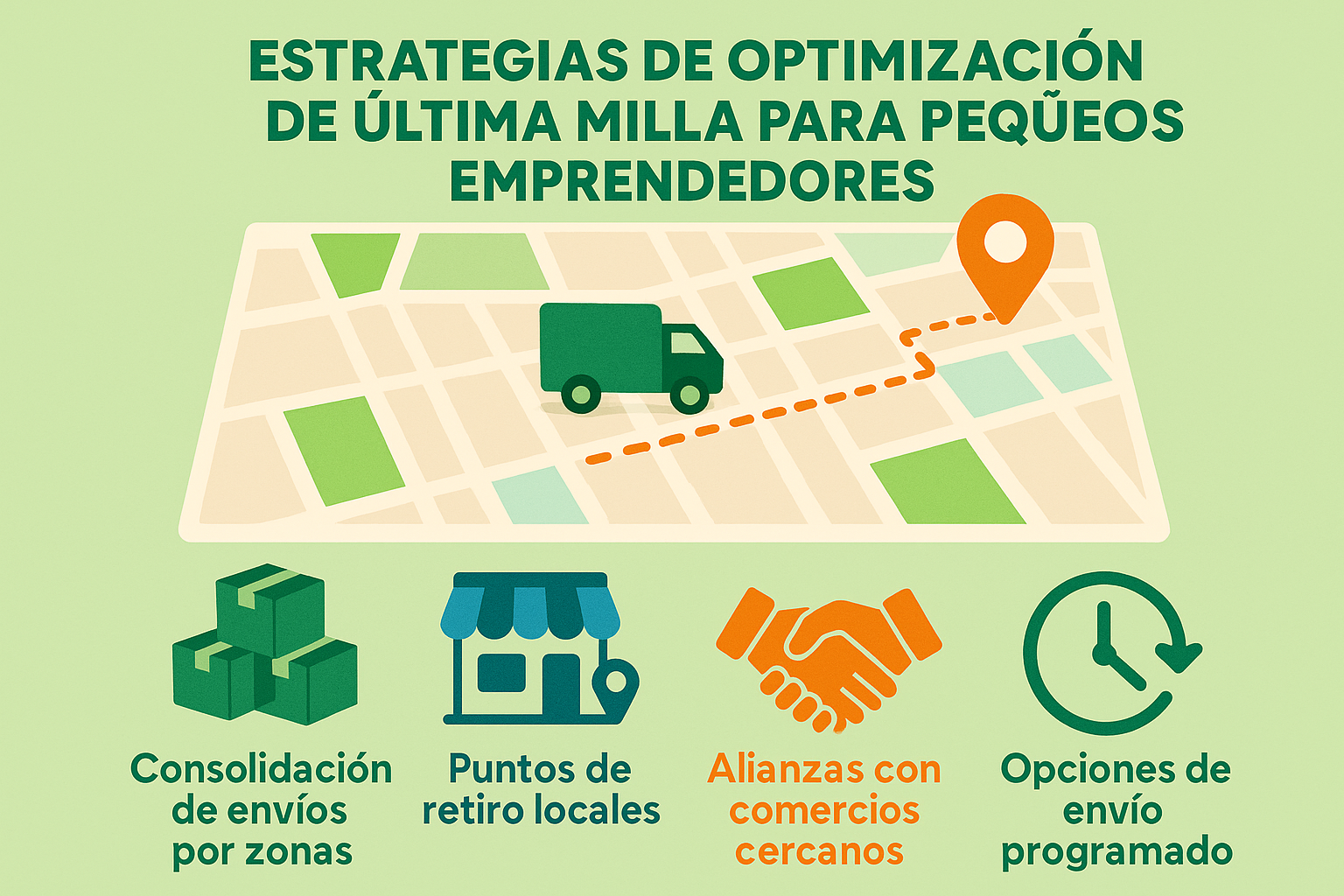 Estrategias de optimización de última milla para pequeños emprendedores. Estilo infográfico con iconos simples y atractivos. Muestra alternativas como consolidación de envíos por zonas, puntos de retiro locales, alianzas con comercios cercanos y opciones de envío programado. Incluye un mapa simplificado de barrio con rutas optimizadas. Usa colores brillantes y amigables: verde, azul y naranja. Para ilustrar métodos prácticos y accesibles para reducir costos de entrega sin necesidad de tecnología avanzada.