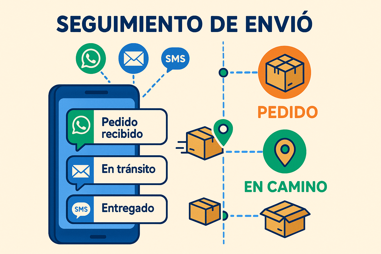 Sistema de seguimiento de envíos para pequeños emprendedores. Estilo infográfico con múltiples canales de comunicación. Muestra notificaciones por WhatsApp, email y SMS con estados de pedido, junto con una línea de tiempo visual de seguimiento. Incluye elementos como smartphone con mensajes, símbolos de ubicación y paquetes en diferentes etapas. Usa colores vibrantes: azul para comunicación, verde para estados completados y naranja para pendientes. Para ilustrar cómo emprendedores sin conocimientos técnicos pueden mantener informados a sus clientes sobre el estado de sus pedidos.