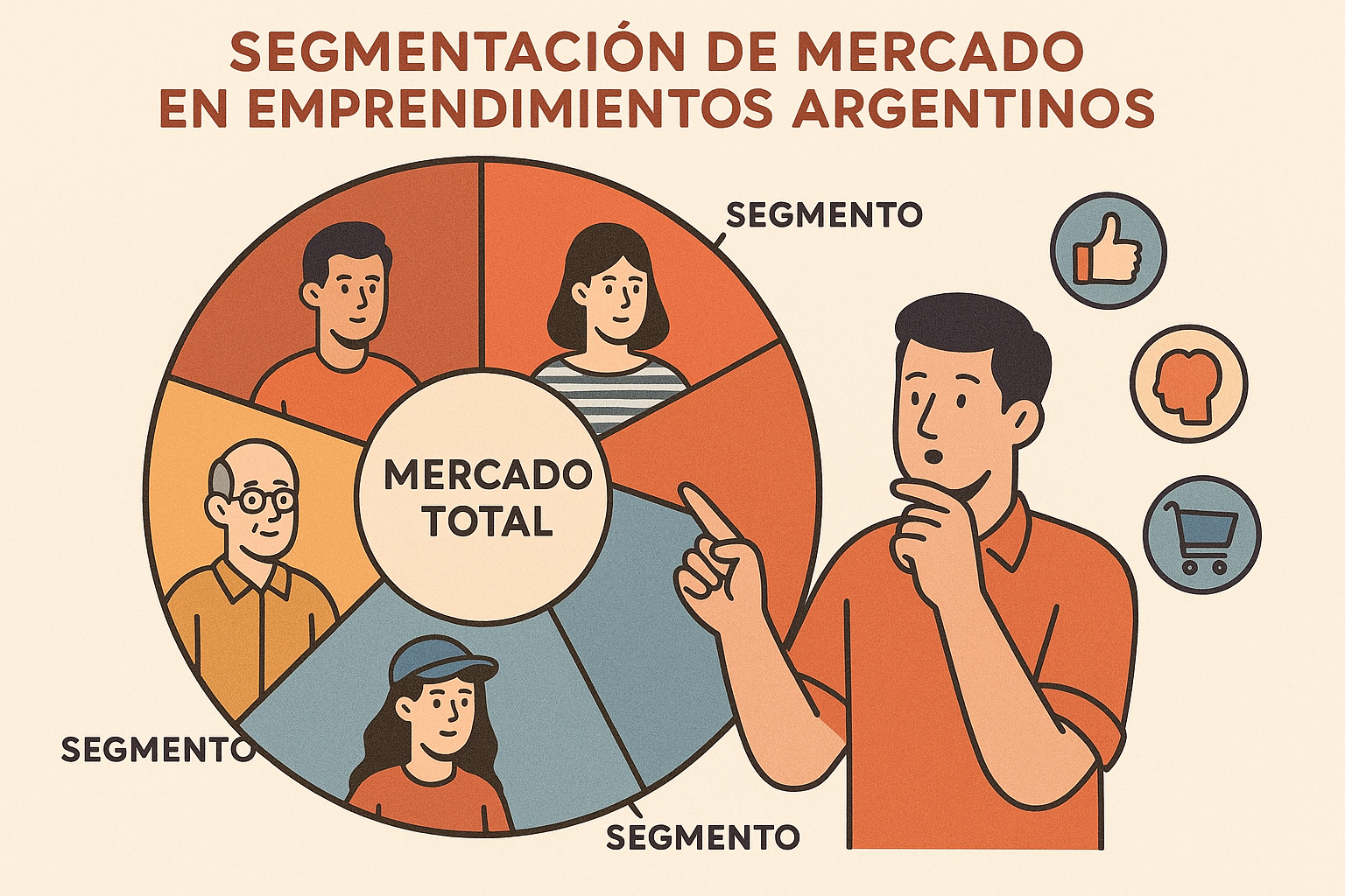 Segmentación de mercado en emprendimientos argentinos. Estilo infográfico claro con secciones divididas. Muestra un gran círculo que representa el mercado total dividiéndose en segmentos claramente diferenciados por colores, cada uno con iconos que representan diferentes perfiles demográficos, psicográficos y comportamentales. Utiliza una paleta de colores cálidos con tonos terracota y azules. Para ilustrar visualmente cómo un emprendedor puede identificar nichos específicos dentro de un mercado amplio.