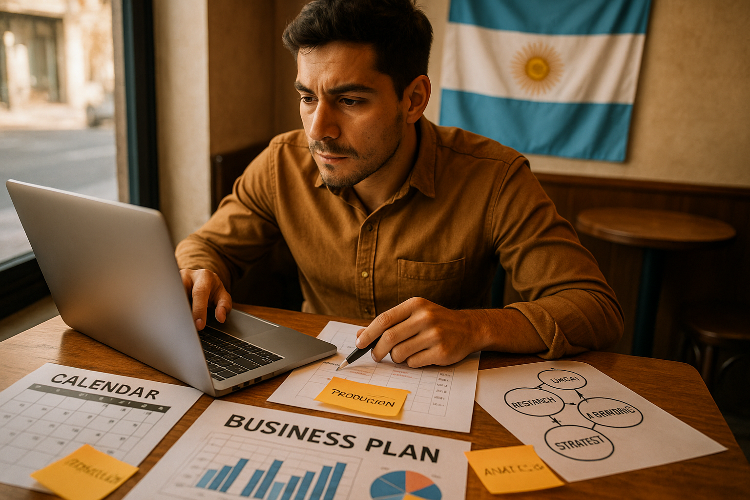 Emprendedor argentino trabajando en su plan de negocios. Estilo realista profesional. Muestra una persona joven concentrada en su notebook con documentos, gráficos y post-its sobre una mesa de café. Se ven elementos que representan planificación estratégica como calendarios y diagramas. Paleta de colores cálidos que transmiten creatividad y determinación. Para visualizar el proceso de elaboración de un plan de negocios en un contexto local argentino.