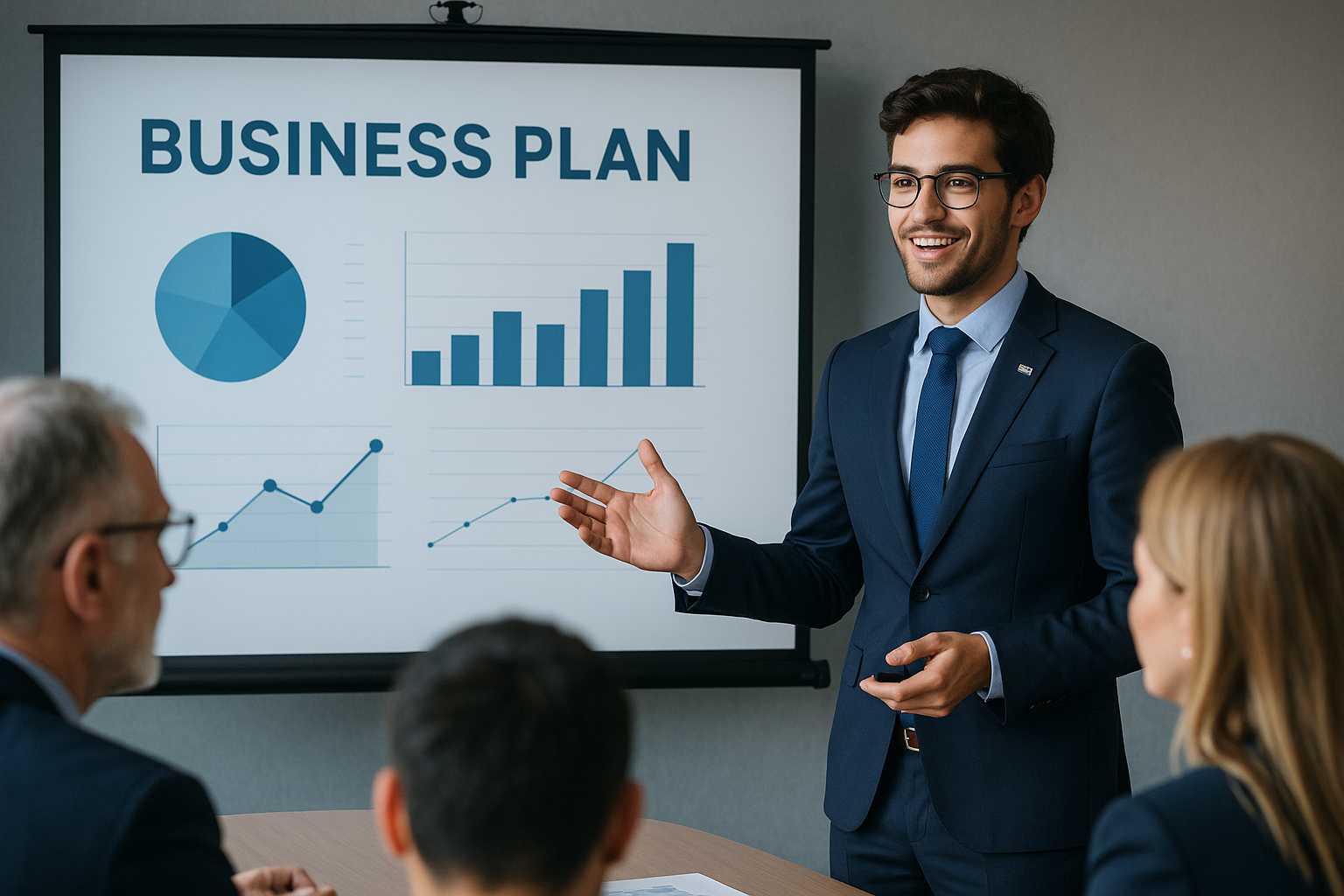 Emprendedor argentino presentando su plan de negocios a inversores. Estilo fotográfico profesional. Muestra a una persona joven bien vestida exponiendo con confianza ante un pequeño grupo de inversores atentos. Se ve una presentación digital con gráficos claros proyectada en una pantalla. La escena transmite profesionalismo y entusiasmo. Paleta de colores corporativos azules y grises. Para visualizar el momento crucial de presentar un plan de negocios a potenciales inversores.
