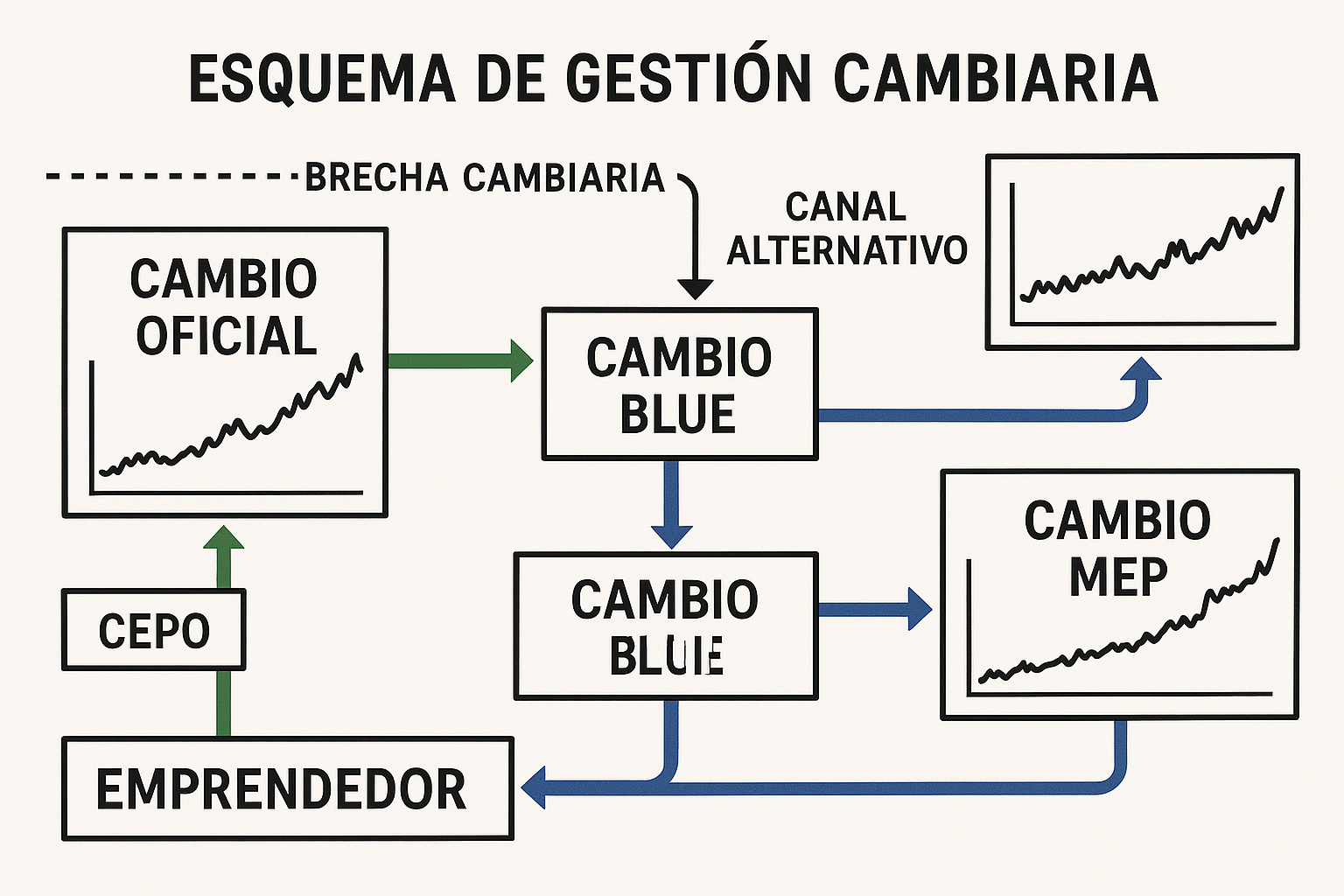 Esquema de gestión cambiaria para emprendedores argentinos. Estilo diagrama técnico con flechas conectoras. Muestra los diferentes tipos de cambio (oficial, blue, MEP) y sus relaciones, incluye conceptos como brecha cambiaria y cepo. Incorpora gráficos de líneas mostrando la evolución histórica y volatilidad de las cotizaciones. Usa colores contrastantes para diferenciar canales oficiales (verde) y alternativos (azul). Para ayudar a emprendedores a entender el complejo sistema cambiario argentino y tomar decisiones informadas.