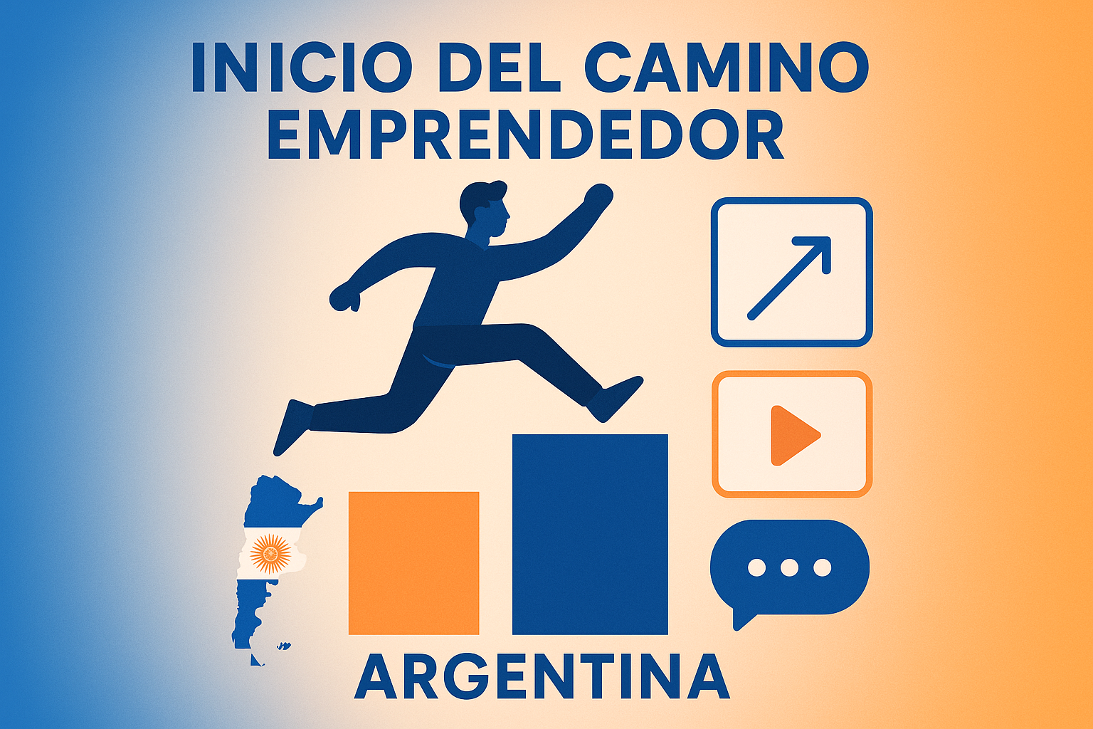 Inicio del camino emprendedor en Argentina, estilo moderno minimalista con líneas limpias e iconografía flat, silueta de persona saltando sobre obstáculos abstractos y herramientas digitales modernas, fondo con gradientes azul eléctrico y naranja, para transmitir energía e invitar al autodescubrimiento en el contexto argentino. Todos los textos y etiquetas en español.