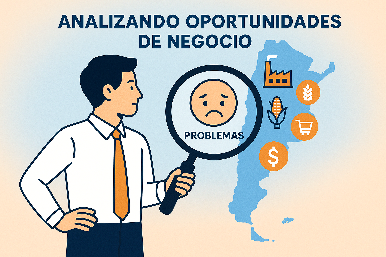 Emprendedor argentino analizando oportunidades de negocio, estilo moderno minimalista con líneas limpias e iconografía flat, persona observando un mapa de Argentina con símbolos de sectores económicos y una lupa resaltando problemas y signos de pesos, colores celeste, blanco y naranja sobre fondo con gradiente suave, para visualizar el desafío de detectar nichos de oportunidad en el contexto argentino. Todos los textos y etiquetas en español.