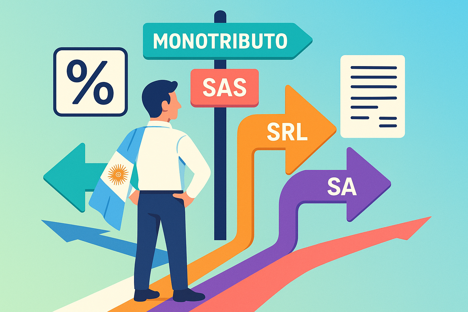 Emprendedor argentino en una encrucijada con caminos señalizados: Monotributo, SAS, SRL, SA. Estilo moderno y minimalista, iconografía flat, líneas limpias, todos los caminos resaltados con diferentes colores vibrantes sobre fondo de gradiente suave azul-verde. Elementos clave: señales con nombres, símbolos de impuestos y papeles, el emprendedor observa decidiendo. Propósito educativo: mostrar la importancia de elegir la forma jurídica al iniciar un emprendimiento. Todos los textos y etiquetas en español.