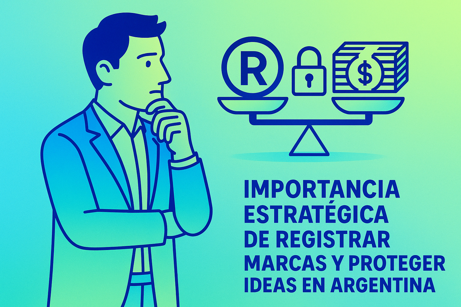 Emprendedor argentino reflexionando frente a una balanza donde un logo y un candado compiten contra un fajo de dinero, estilo moderno minimalista. Iconografía flat, líneas limpias, gradiente azul eléctrico y verde lima, fondo con sutil degradado. Ilustra la importancia estratégica de registrar marcas y proteger ideas en Argentina. Todos los textos y etiquetas en español.