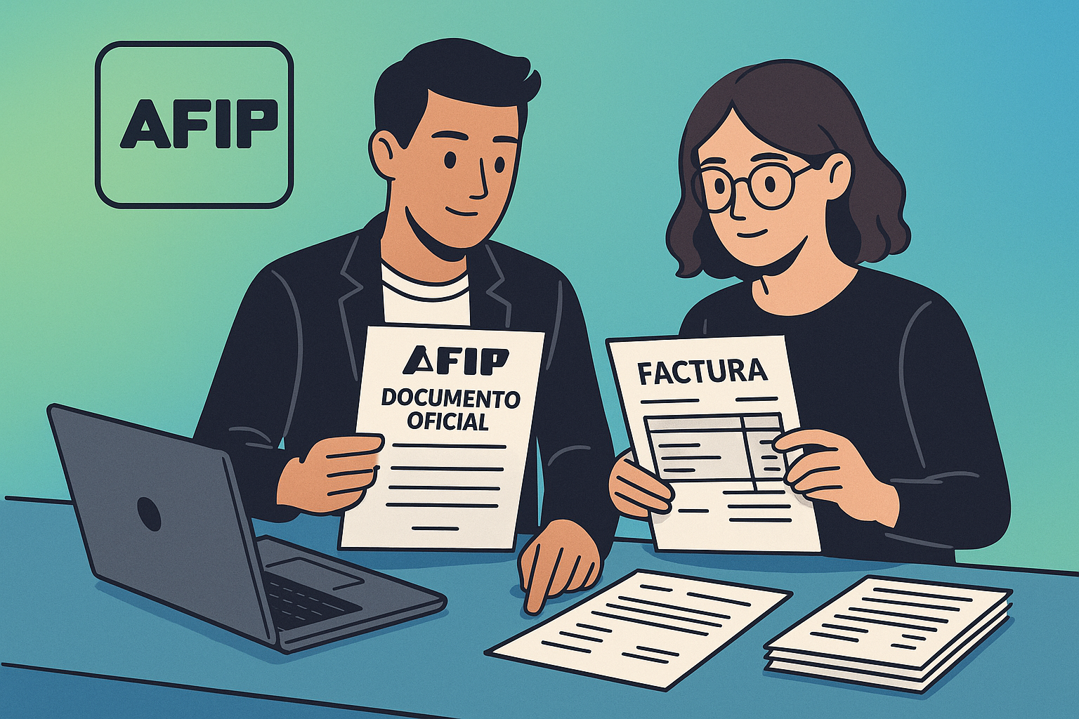 Empresarios jóvenes frente a escritorio revisando documentos oficiales de AFIP, estilo moderno minimalista, iconos de AFIP y computadora portátil sobre fondo con gradiente azul-verde, detalles de papeles fiscales y facturas, ilustrando el inicio del camino formal de un emprendimiento en Argentina. Todos los textos y etiquetas en español.
