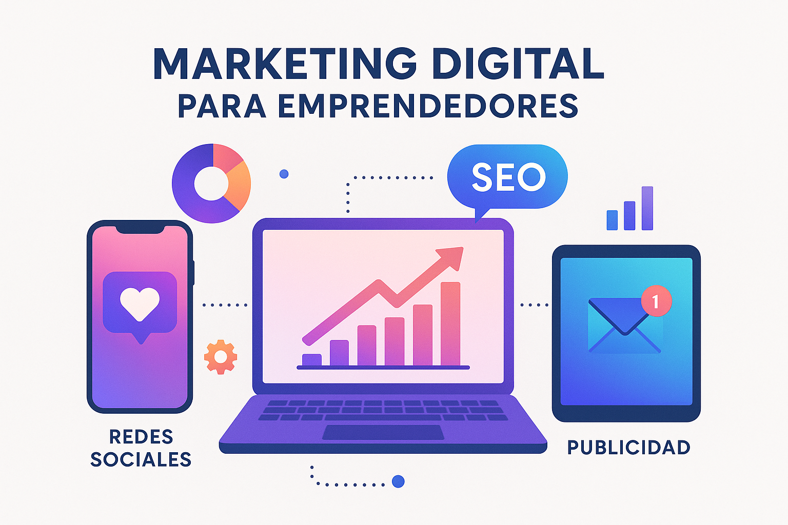 Concepto de marketing digital para emprendedores, estilo moderno minimalista con iconografía flat, dispositivos conectados (smartphone, laptop, tablet) y elementos de marketing digital como SEO, redes sociales, gráficos de email y publicidad en gradientes vibrantes, disposición central sobre fondo claro, ilustrar la amplitud de canales digitales disponibles. Todos los textos y etiquetas en español.