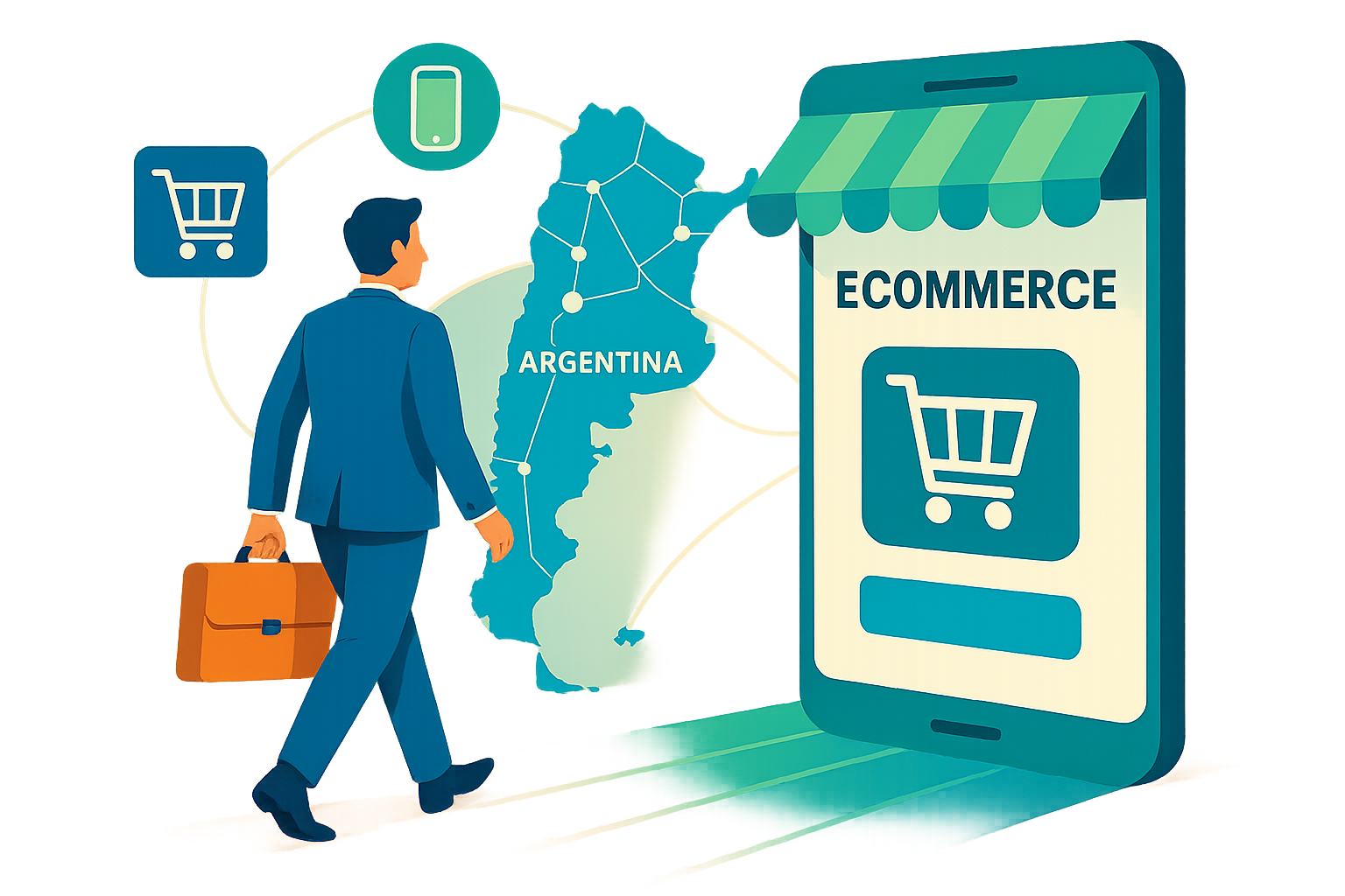 Emprendedor argentino ingresando a un mundo digital de compras en línea, estilo moderno minimalista, iconos de carrito de compras, dispositivos móviles, plataforma e-commerce, líneas que conectan provincias argentinas, colores vibrantes azules, verdes y naranjas, gradiente suave de fondo. Sirve para transmitir el salto al comercio electrónico desde la perspectiva local. Todos los textos y etiquetas en español.