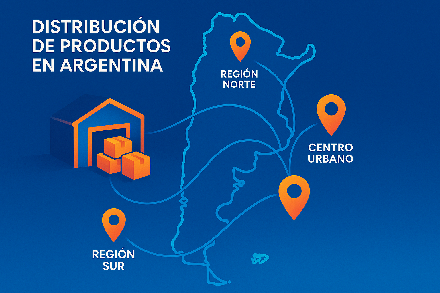Distribución de productos en Argentina, estilo moderno minimalista con líneas limpias, paquetería saliendo de almacén, rutas hacia diferentes regiones y centro urbano destacado, gradientes de azul eléctrico y naranja, para dar contexto visual a la logística de e-commerce nacional. Todos los textos y etiquetas en español.